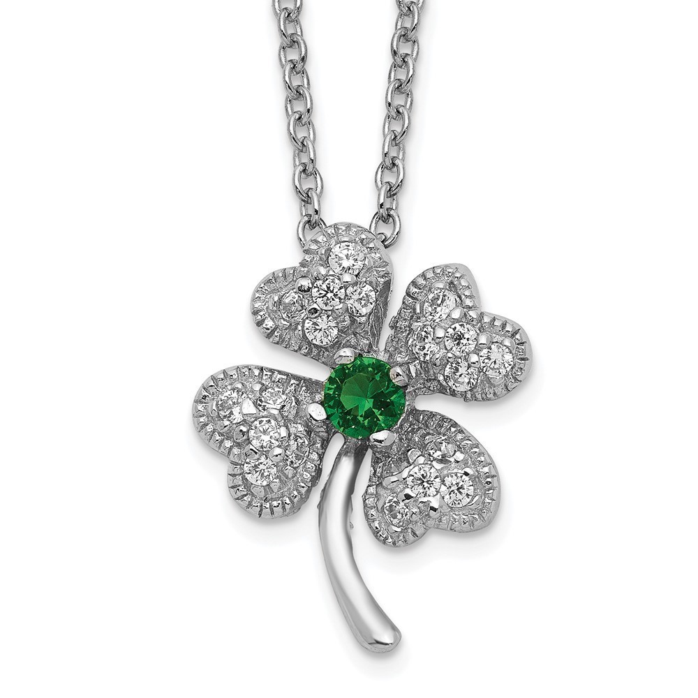 Silver Brilliant-cut Green Glass & White CZ Four Leaf Clover 15 "  Necklace